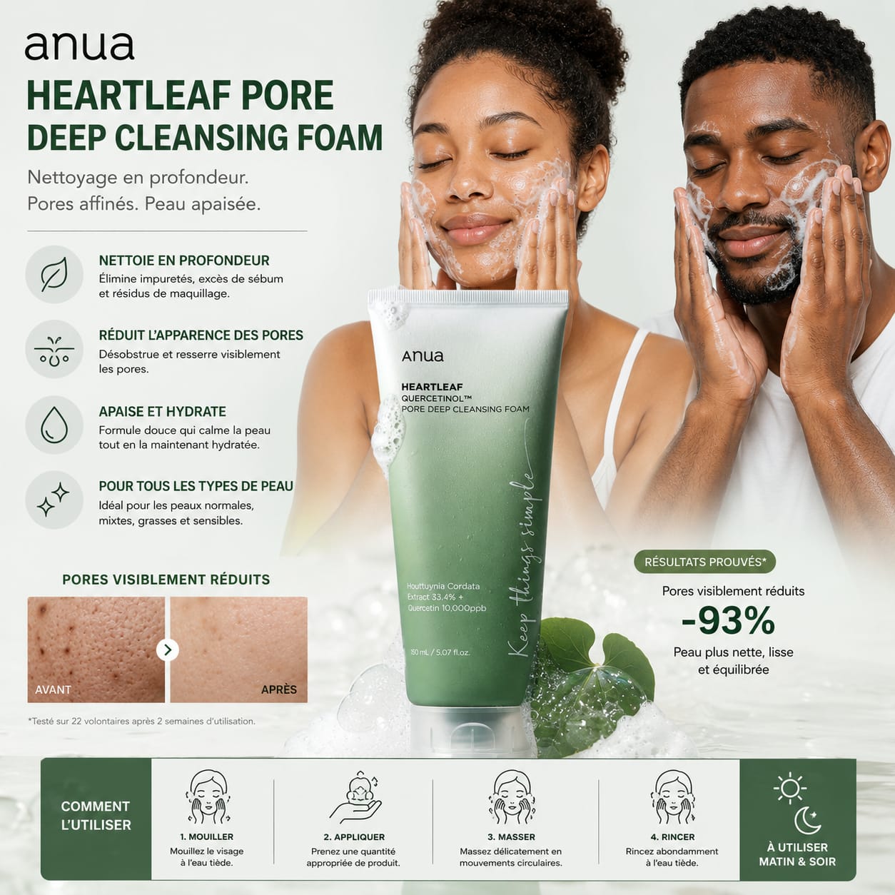 ✨ Gel Nettoyant Visage Anua Heartleaf Pore Deep Cleansing Foam